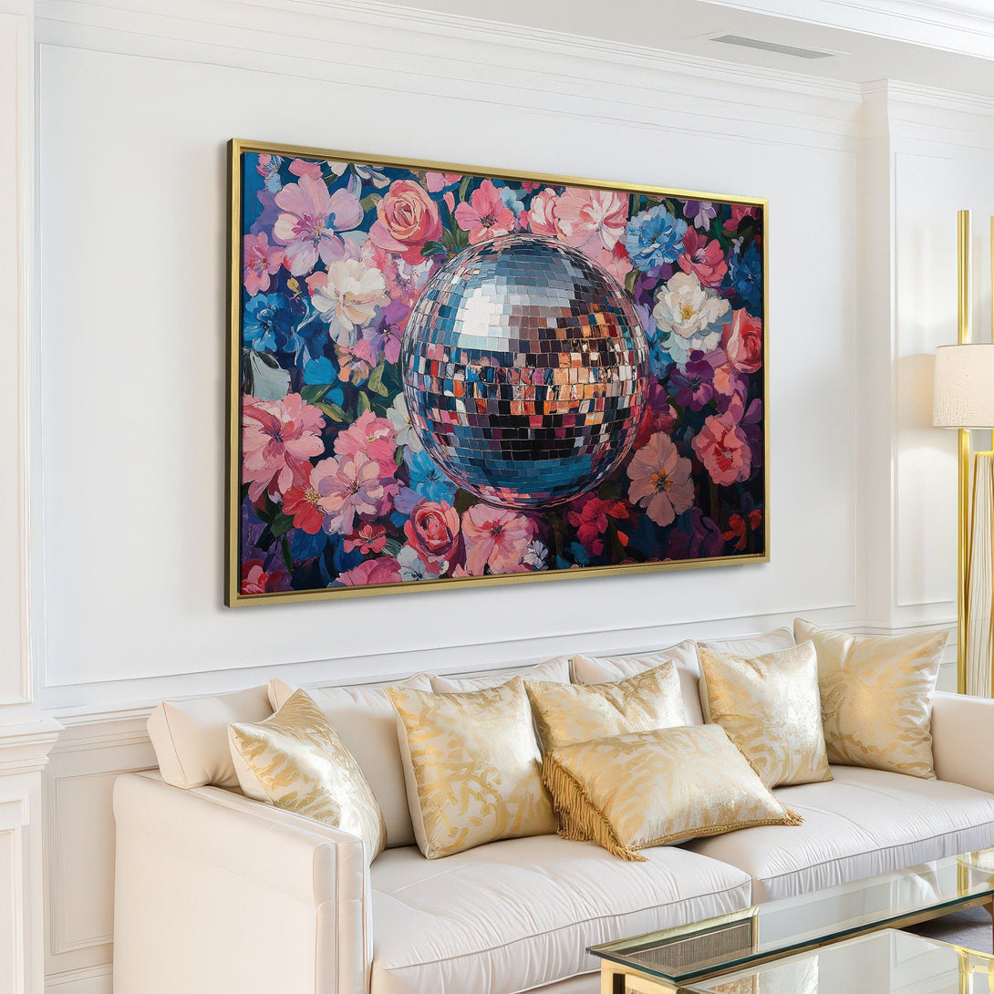 Canvas Print featuring a disco ball and floral design, vibrant pink, blue, and purple hues, modern interior decor.