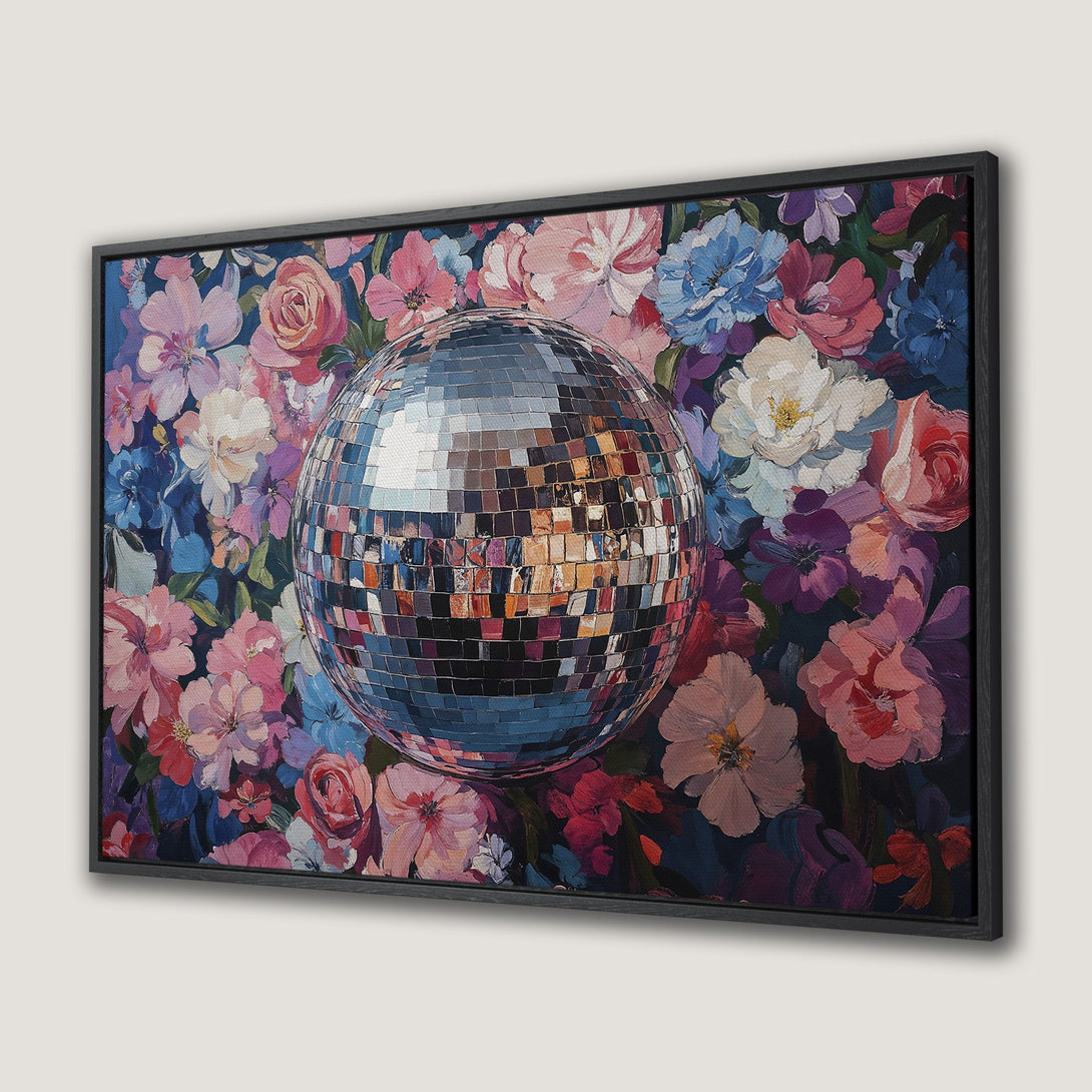 Framed Wall Art: Floral disco ball painting with a vibrant pink, blue, and purple color palette. Perfect for adding a pop of color to any room!