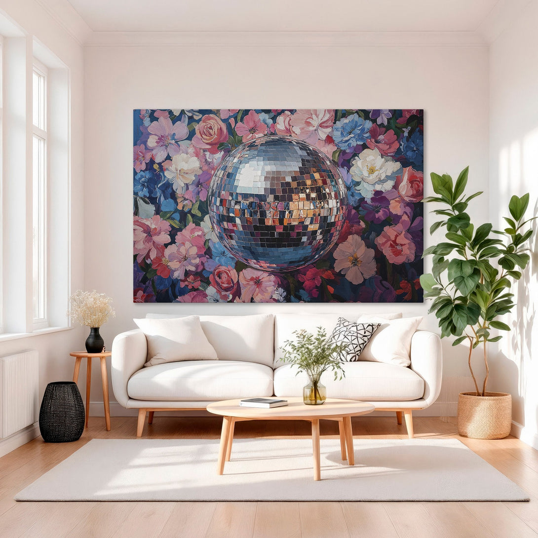 Framed Wall Art: Floral disco ball print with vibrant pink, blue, and purple hues. Modern canvas art for a stylish interior.