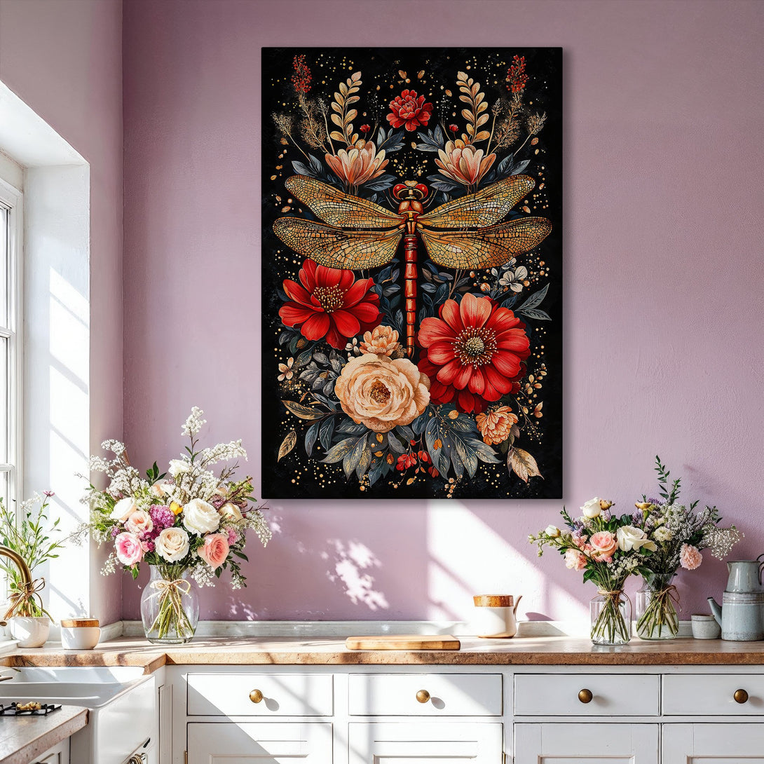Framed Wall Art: Dragonfly & floral design in warm tones. Elegant Canvas Print with a black background, red, gold, and beige color palette. Perfect home decor.