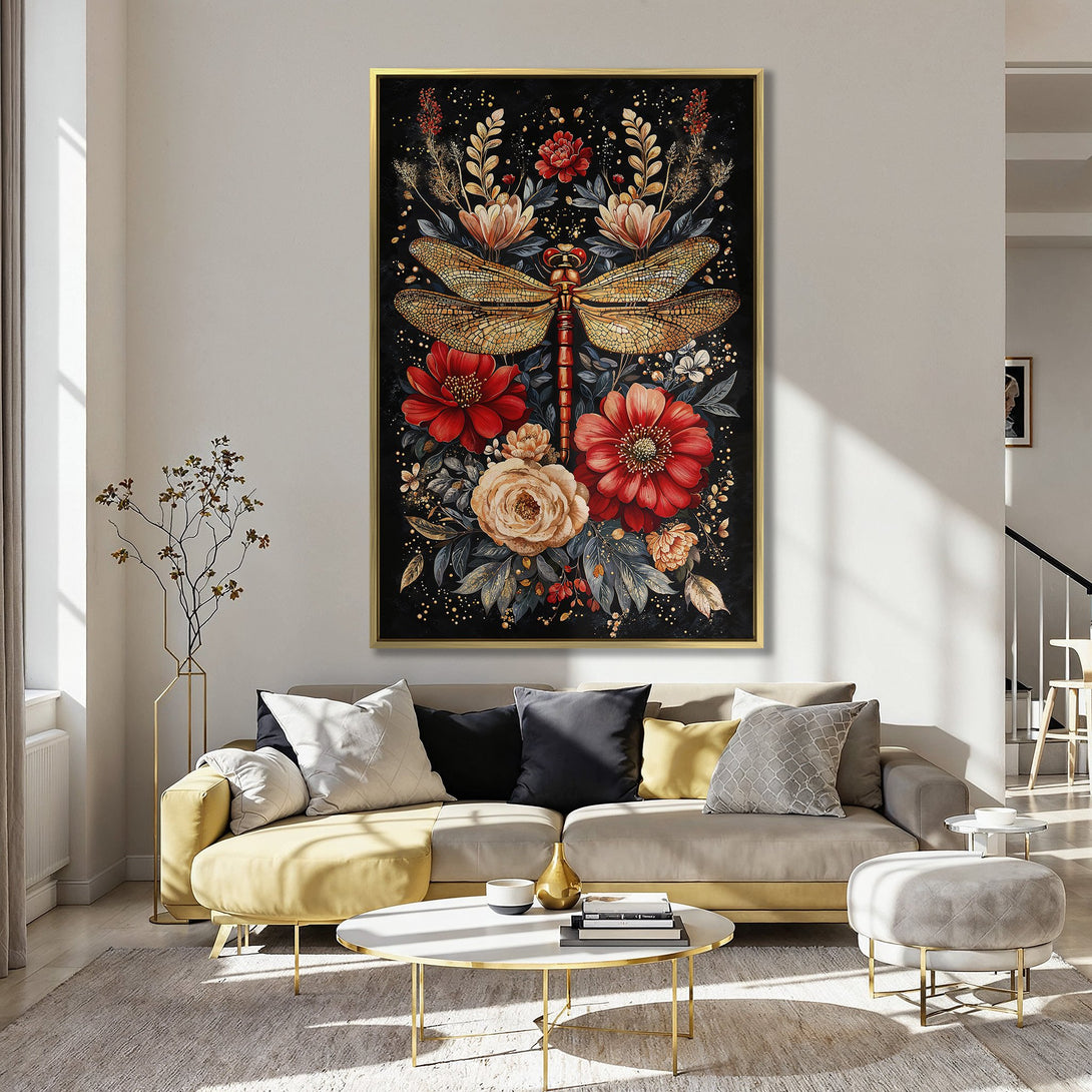 Canvas Print featuring a vibrant dragonfly and floral design in red, gold, and black. Adds artistic flair to any space!