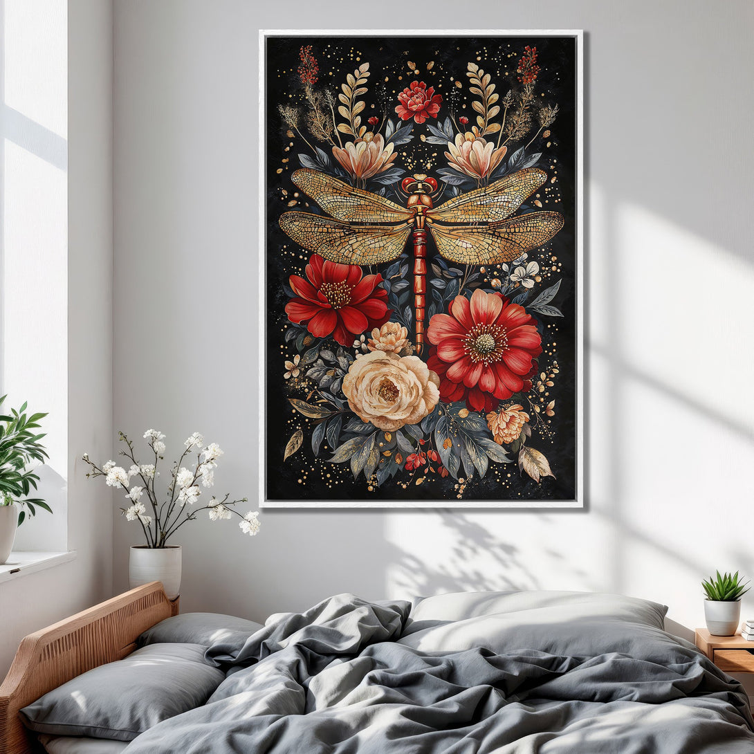 Framed Wall Art: Elegant dragonfly and floral design in red, gold, and black. Perfect for bedroom decor. Shop our Canvas Print collection today!