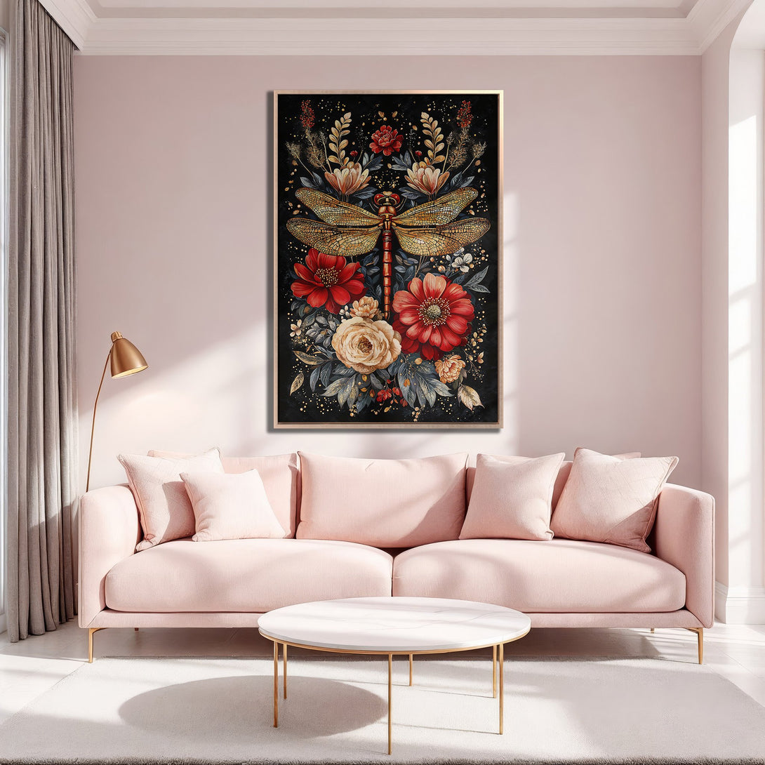 Framed Wall Art featuring a dragonfly and floral design. Modern style with a black background and a warm red, gold, and blush color palette.