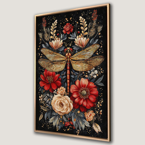 Framed Wall Art featuring a golden dragonfly and floral arrangement on a black background. Rich red, gold, and neutral color palette. Perfect for home decor.