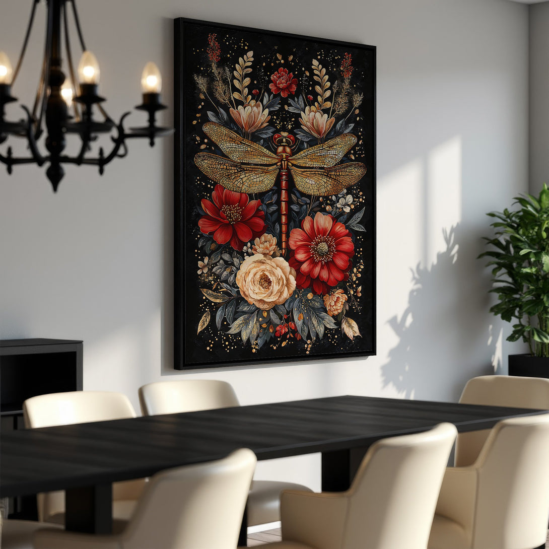 Framed Wall Art featuring a dragonfly and floral design in a botanical style with a rich red, gold, and black color palette. Perfect for dining room decor!