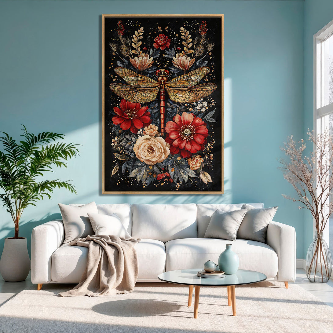 Framed Wall Art featuring a dragonfly & floral design on a black background. Rich red, gold, and cream color palette. Perfect for adding a touch of elegance.