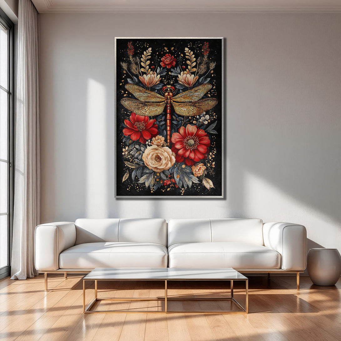 Framed Wall Art: Dragonfly & floral Canvas Print in a modern interior. Features a black background, red, gold, and cream color palette.