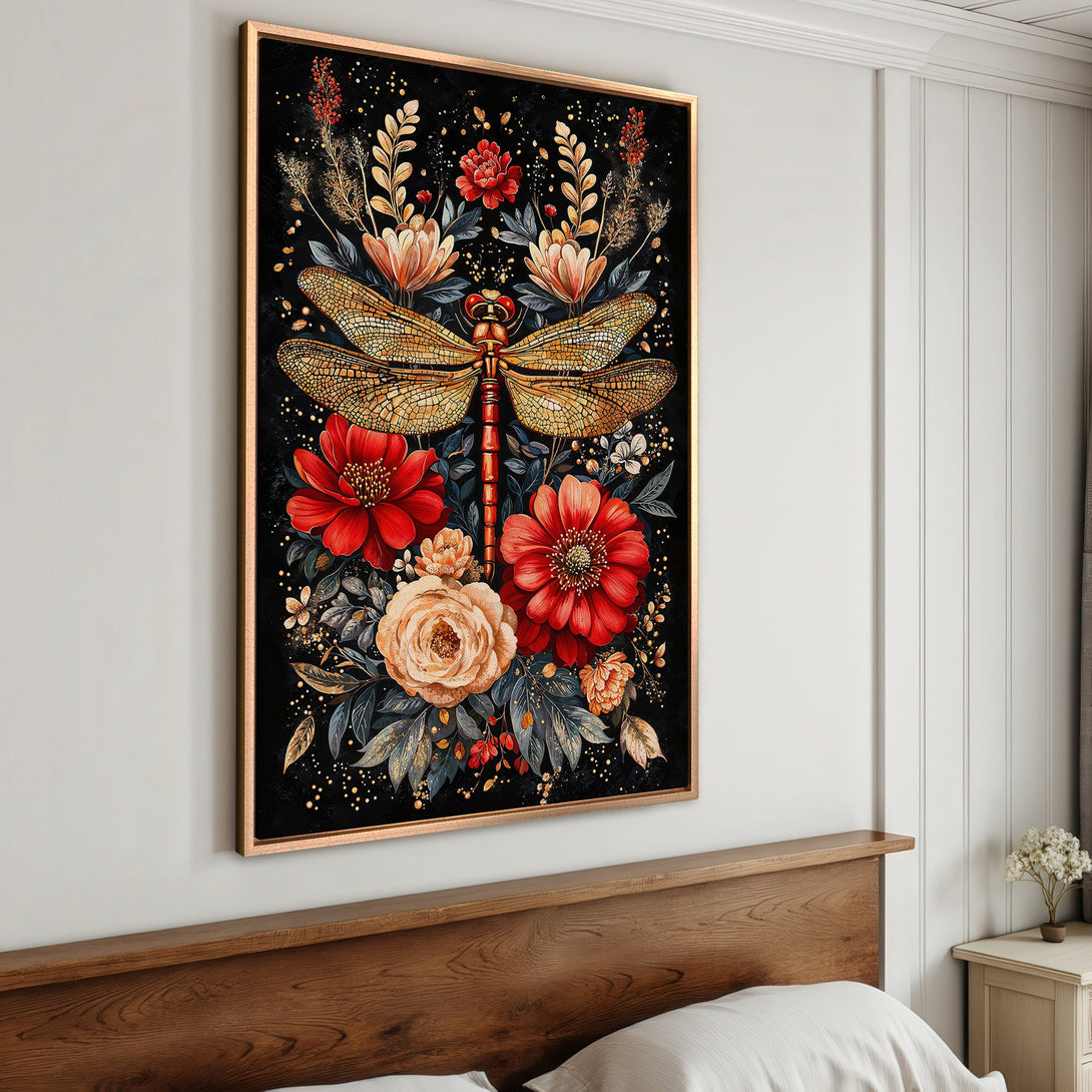 Framed Wall Art featuring a dragonfly and floral design in a dark, elegant style. Rich red, gold, and black color palette. Perfect for home decor.
