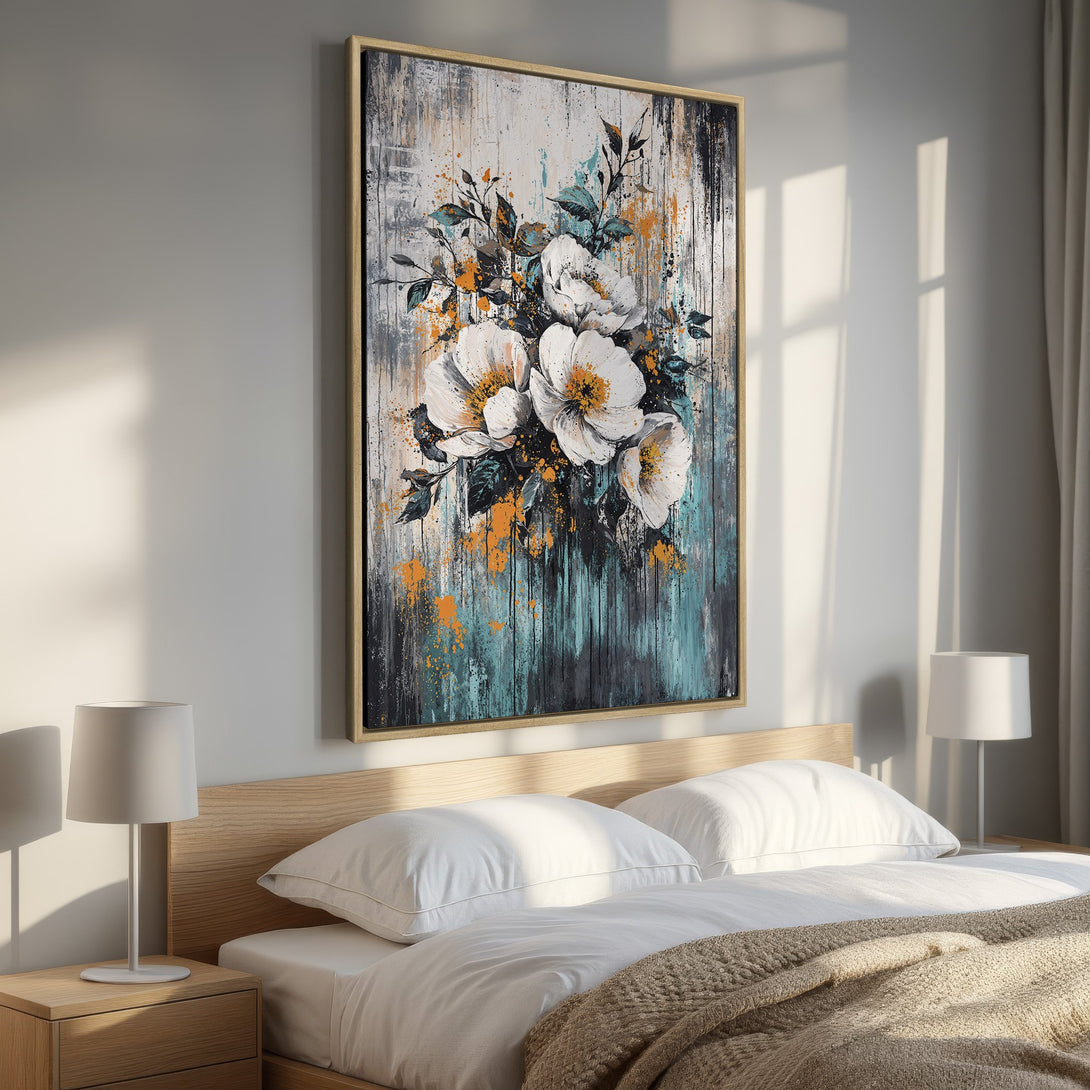 Framed Wall Art featuring abstract floral painting in white, teal, and orange hues. Modern art canvas print for bedroom decor.