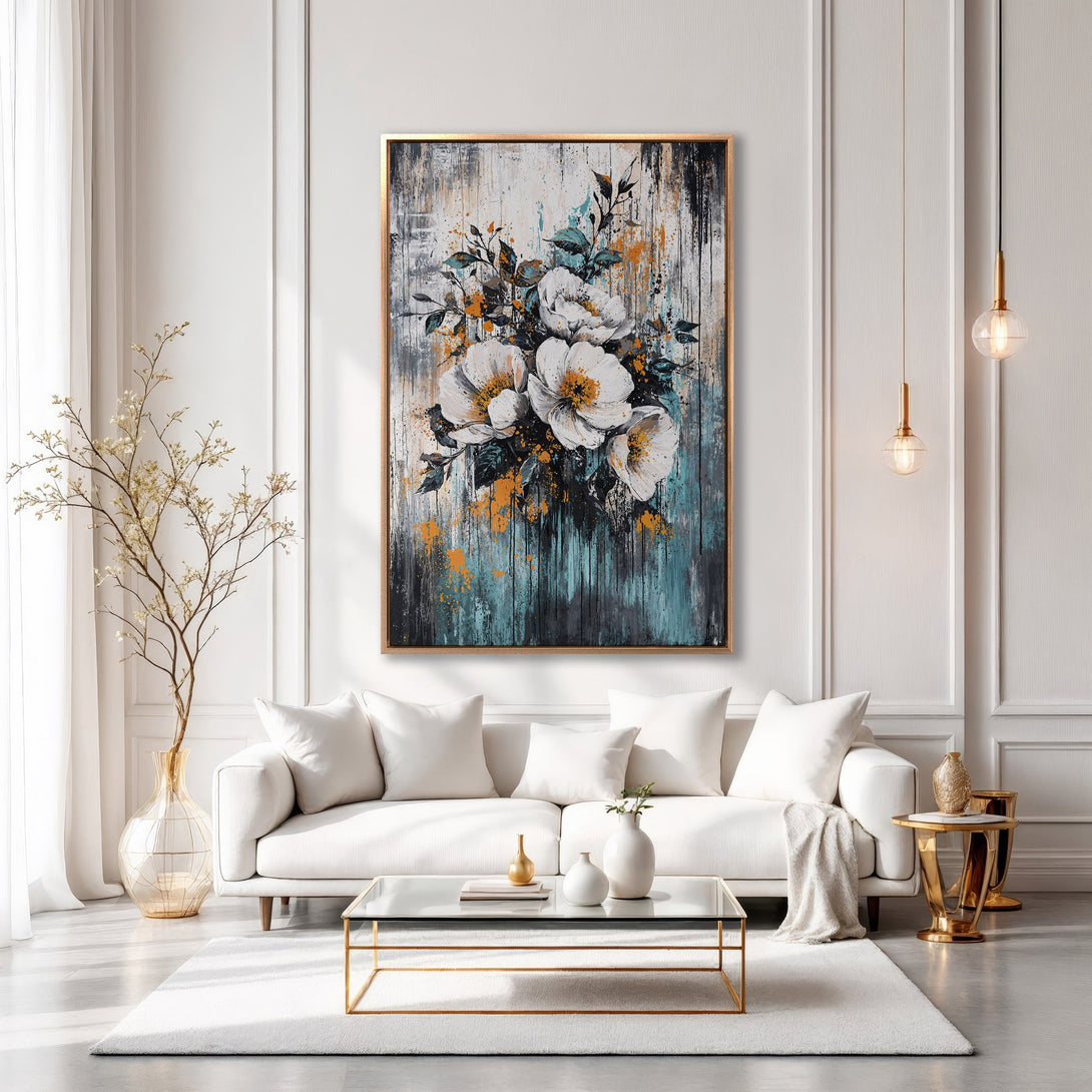 Framed Wall Art: Abstract floral painting in a modern interior. White, teal, and gold color palette. Elevate your space with this stunning canvas print.