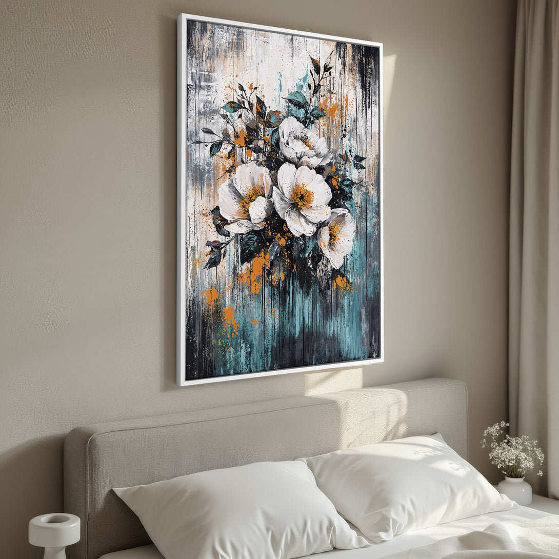 Framed Wall Art: Abstract floral Canvas Print with white, teal, and orange hues. Modern art for bedroom decor. Add a touch of elegance to your space.