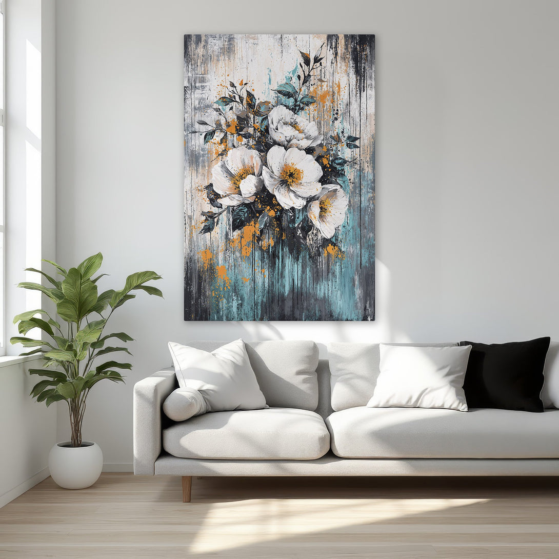 Framed Wall Art featuring white floral abstract art with teal, orange, and black accents, perfect for adding a touch of elegance to any space.