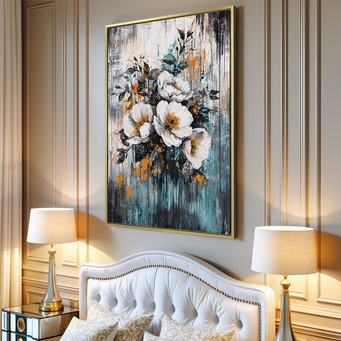 Canvas Print of white floral art with abstract teal, gray, and gold accents, perfect for modern home decor.