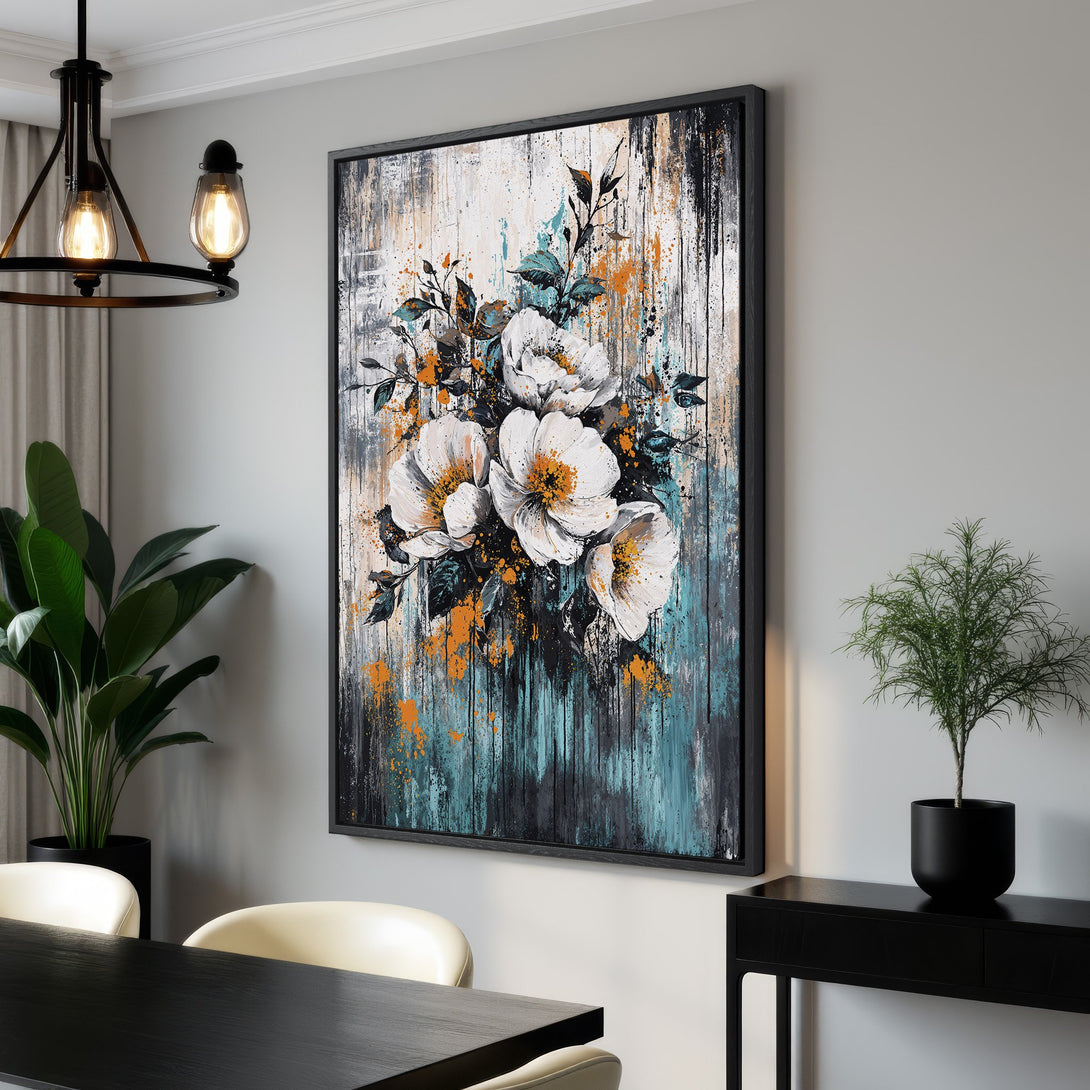 Framed Wall Art: Abstract floral Canvas Print with white flowers, teal & orange accents. Modern art for your home decor.