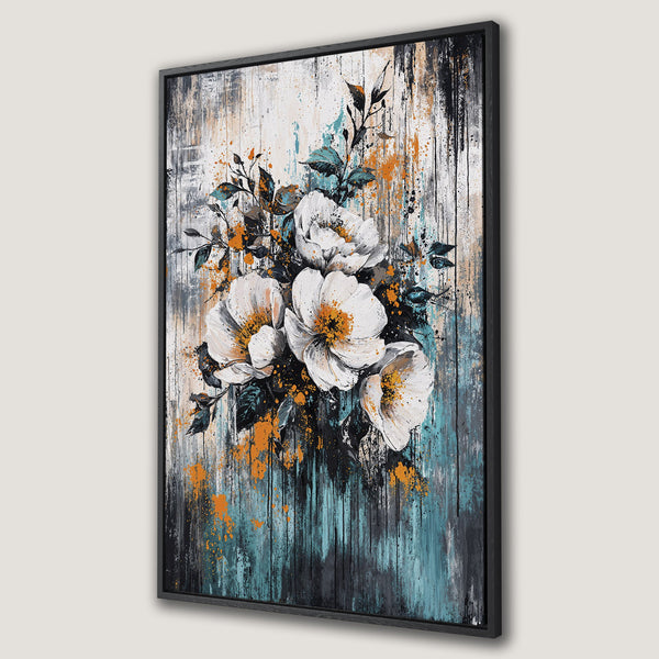 Framed Wall Art: Abstract floral Canvas Print in white, teal, and orange. Modern art for home decor.