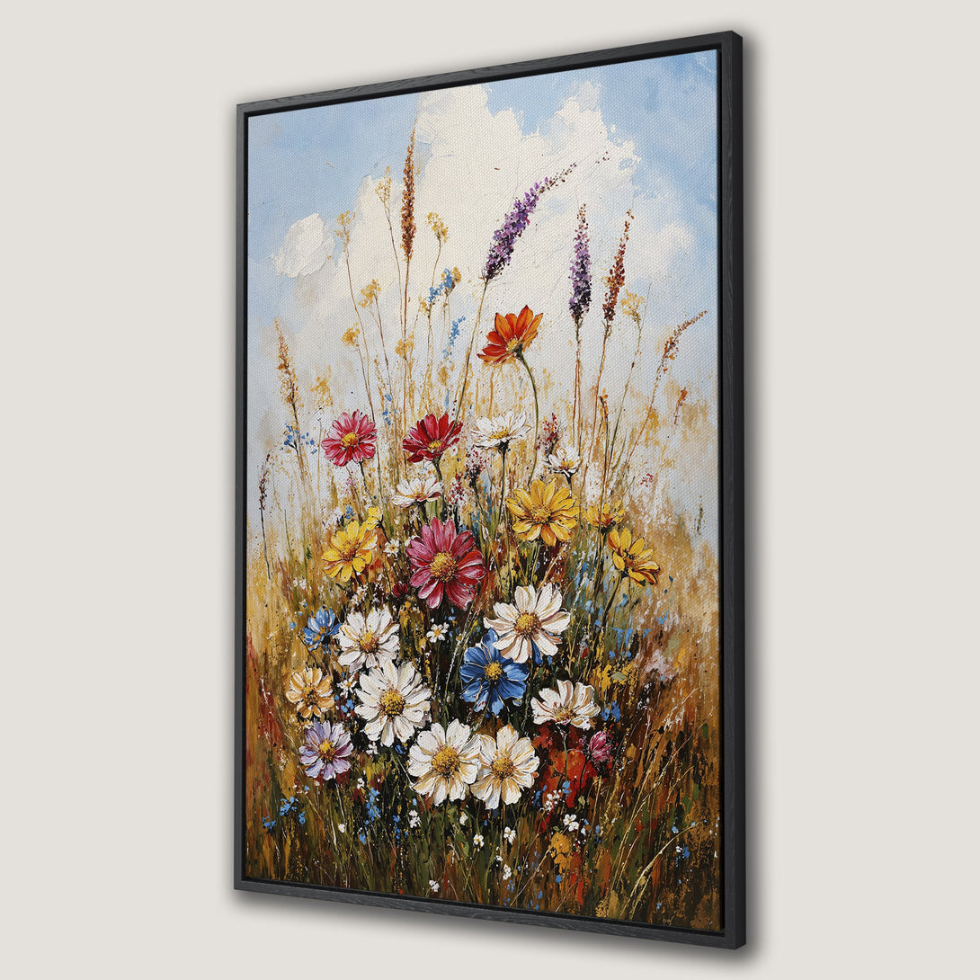 Framed Wall Art: Vibrant floral oil painting in a modern black frame. Featuring colorful wildflowers against a blue sky, bringing a touch of nature indoors.