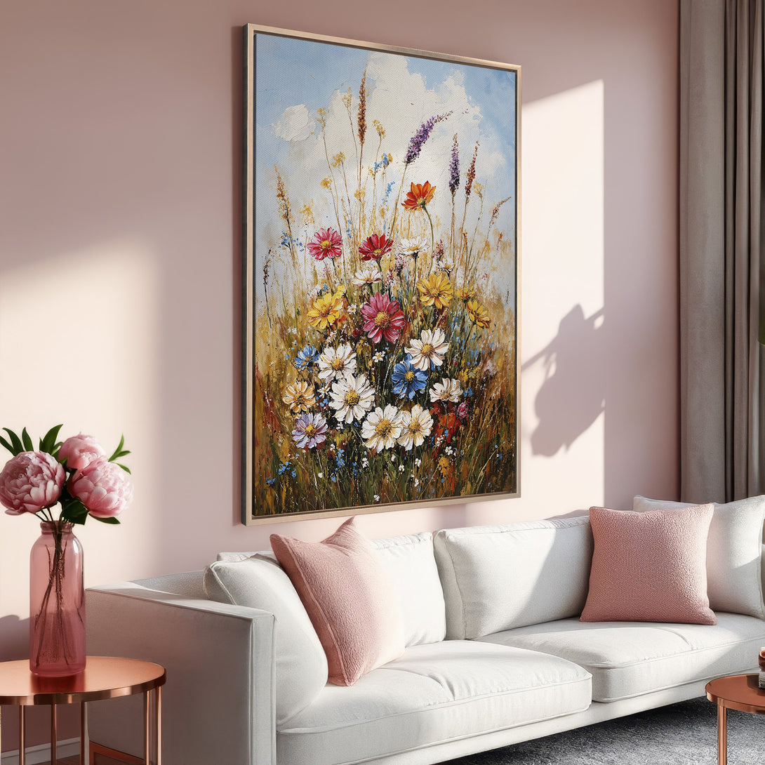 Framed Wall Art: Colorful floral painting in a warm, inviting interior. Featuring a vibrant palette of pinks, yellows, and blues. Perfect for living room decor.