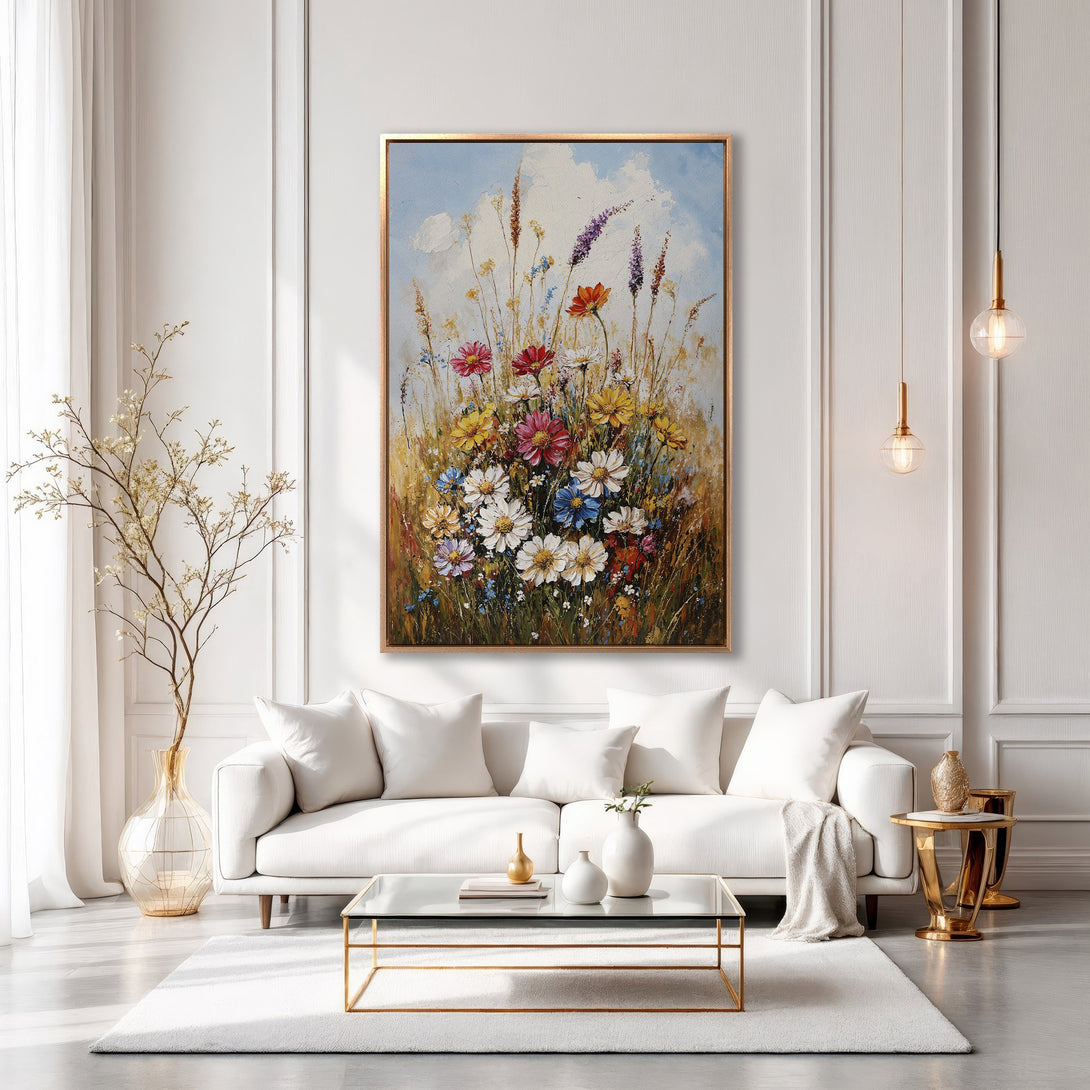 Framed Wall Art featuring a vibrant floral painting in a gold frame. Adds a pop of color to a modern, white interior. Perfect home decor!
