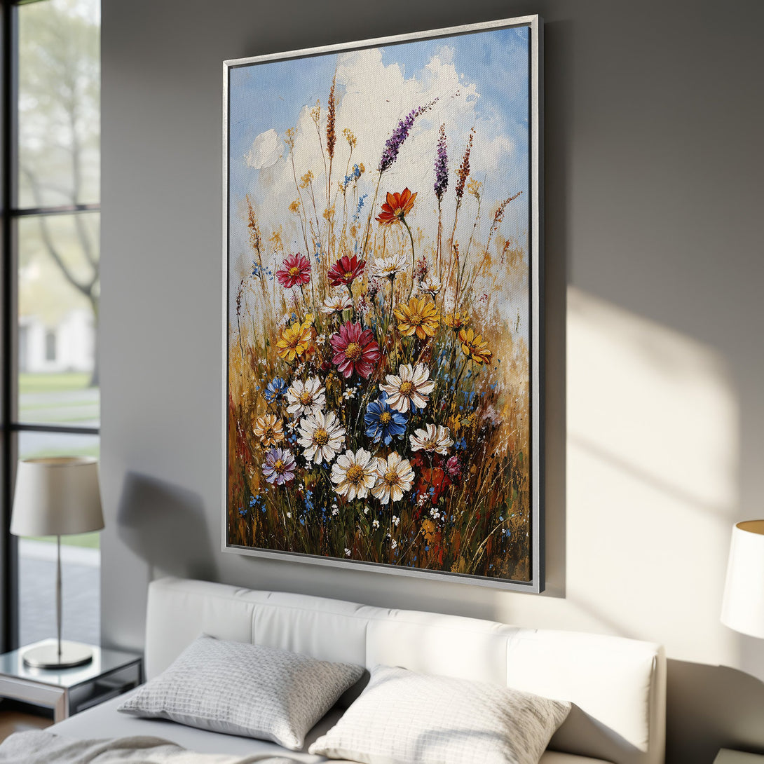 Framed Wall Art: Impressionist floral canvas print with vibrant wildflowers in a warm, earthy palette. Perfect for adding a touch of nature to your home decor.