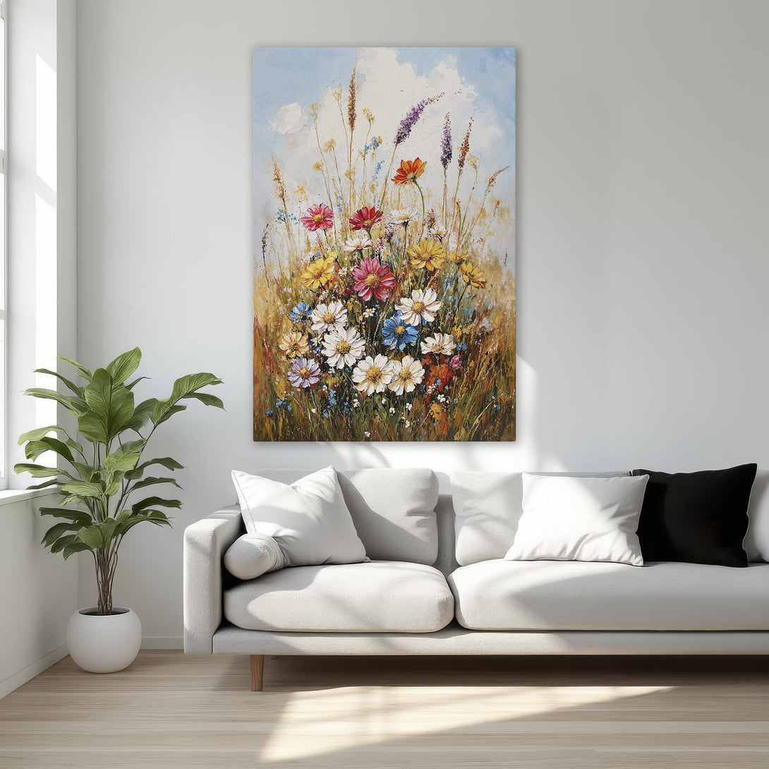 Framed Wall Art: Colorful floral painting in a gold frame. Impressionistic style with vibrant hues of red, yellow, and blue. Perfect for bedroom decor.