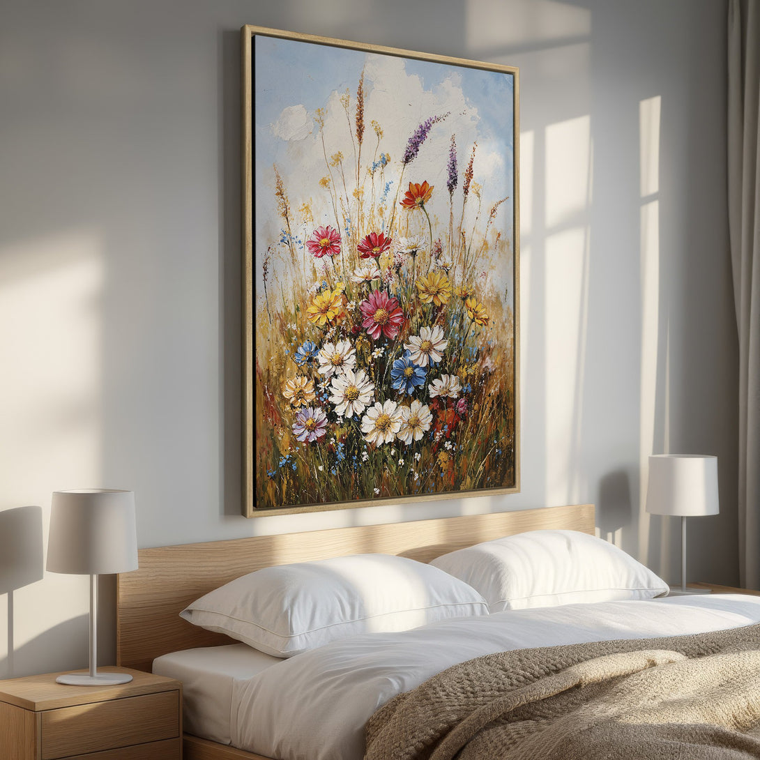 Framed Wall Art: Vibrant floral oil painting in a bedroom. Colorful wildflowers on a canvas print with a warm, natural color palette. Perfect home decor.