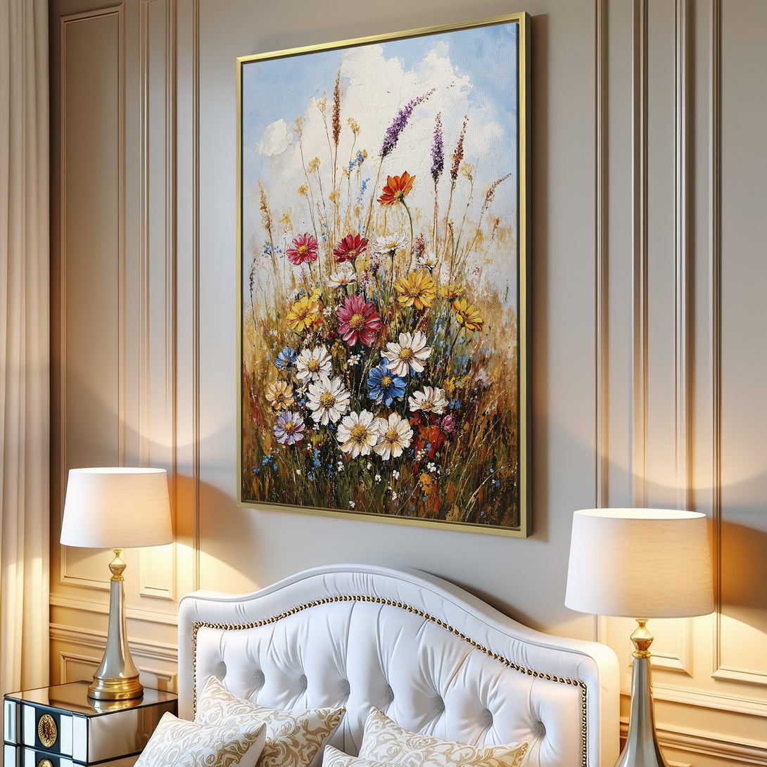 Canvas Print of vibrant wildflower painting in a living room. Impressionistic style with a warm, colorful palette. Perfect wall art for any space.