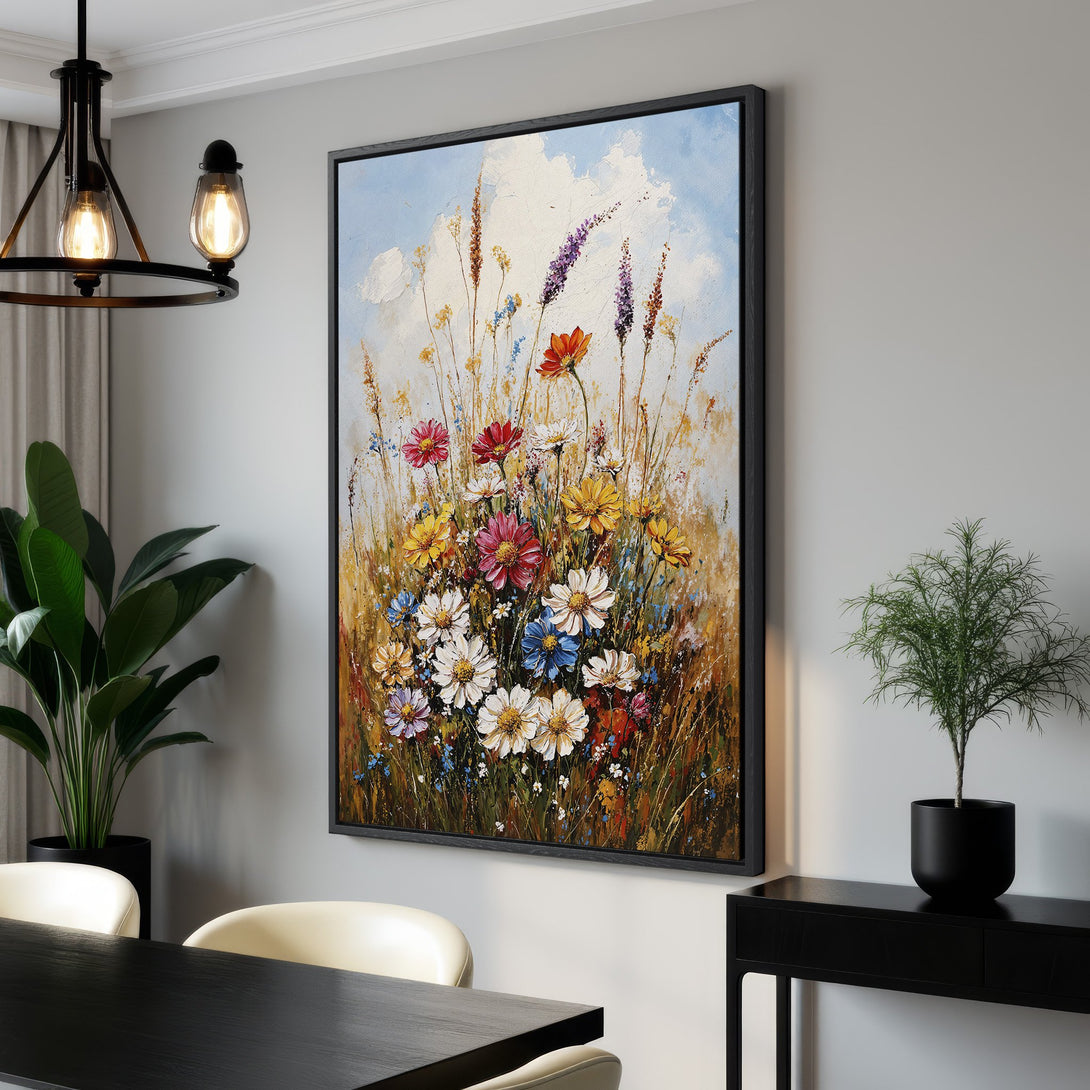 Framed Wall Art: Vibrant impressionist floral painting in a modern interior. Colorful wildflowers in a warm, earthy palette. Perfect for living room decor.