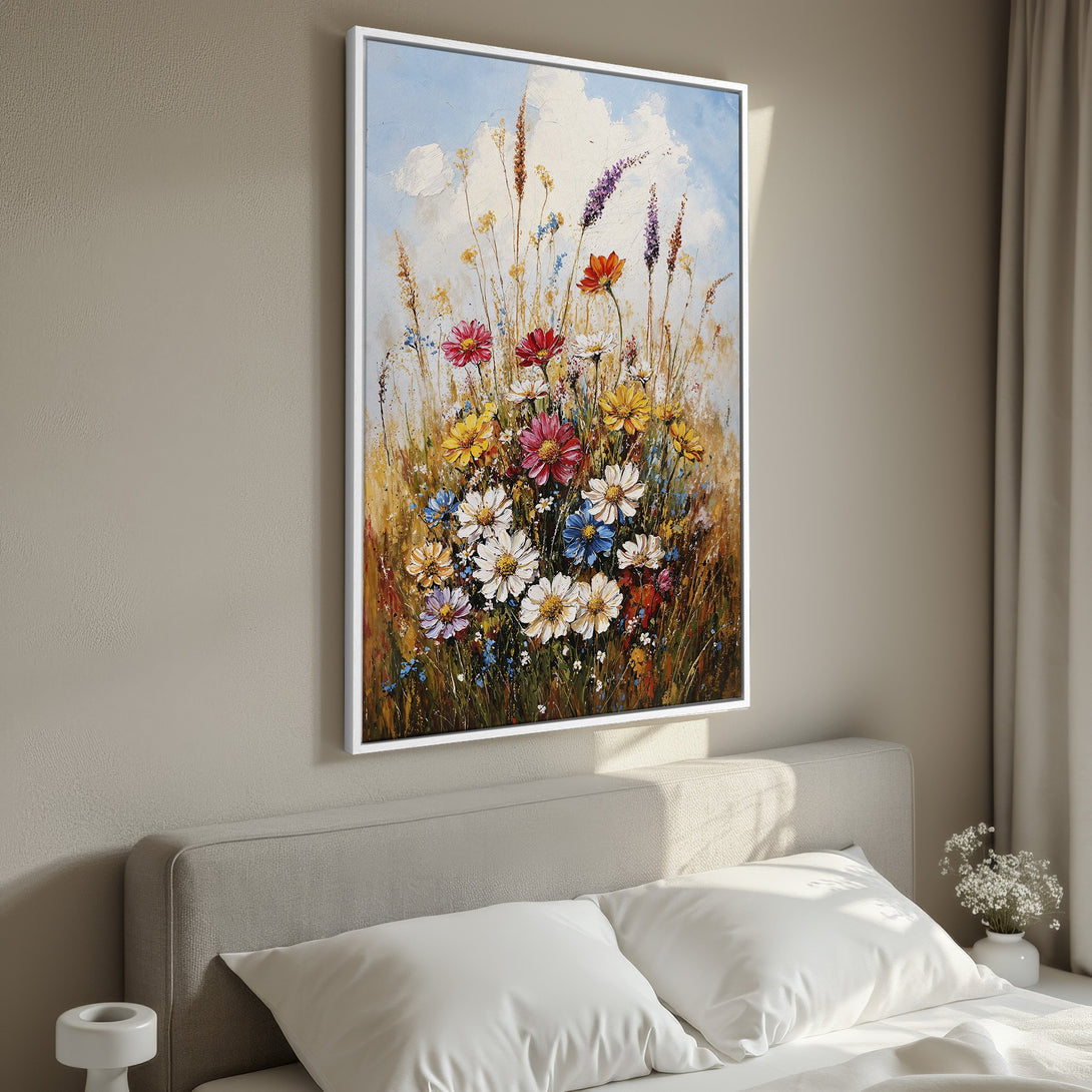 Framed Wall Art: Vibrant floral oil painting with a colorful palette, displayed in a bedroom. Adds a touch of nature and art to your home decor.