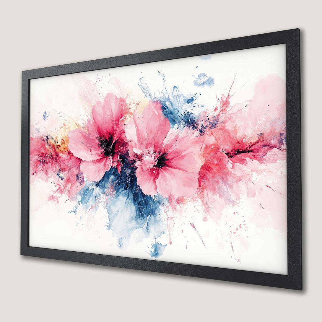 Framed Poster featuring watercolor floral art in pink, blue, and white. Modern wall decor for a stylish home.