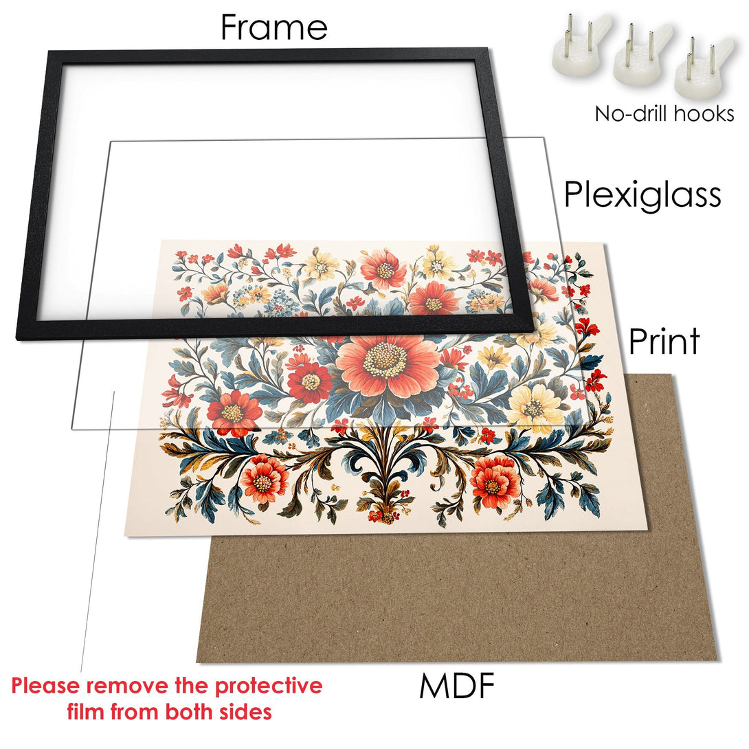 Framed Poster featuring a floral design in a vintage style with a warm color palette. Ready to hang!