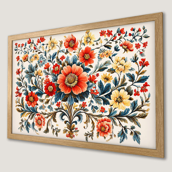 Framed Poster featuring a vibrant floral design with red, yellow, and blue hues. Perfect for adding a touch of elegance!