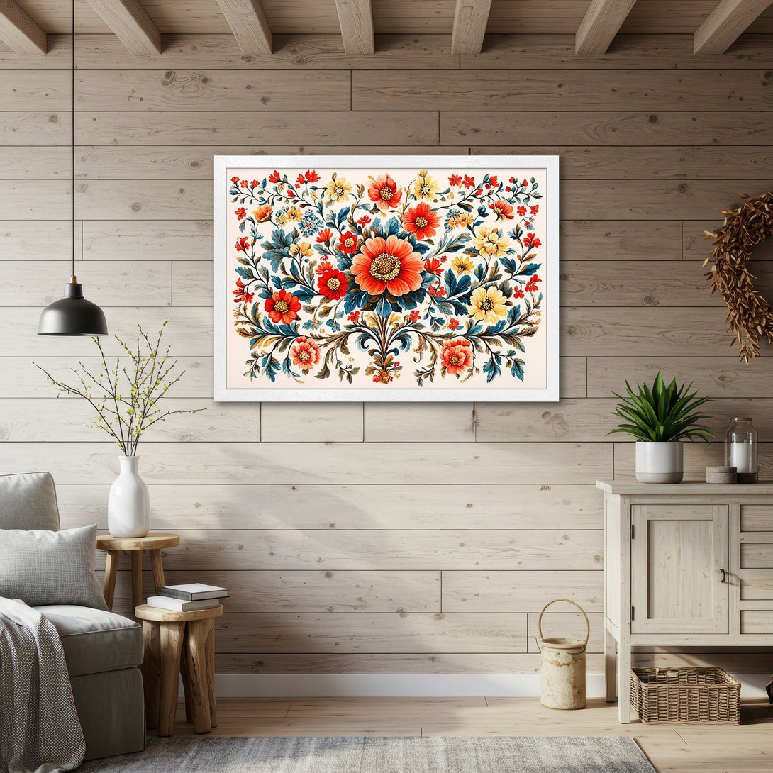 Framed Poster featuring vibrant floral art in a vintage style. Red, yellow, and blue flowers on a cream background, perfect wall decor.