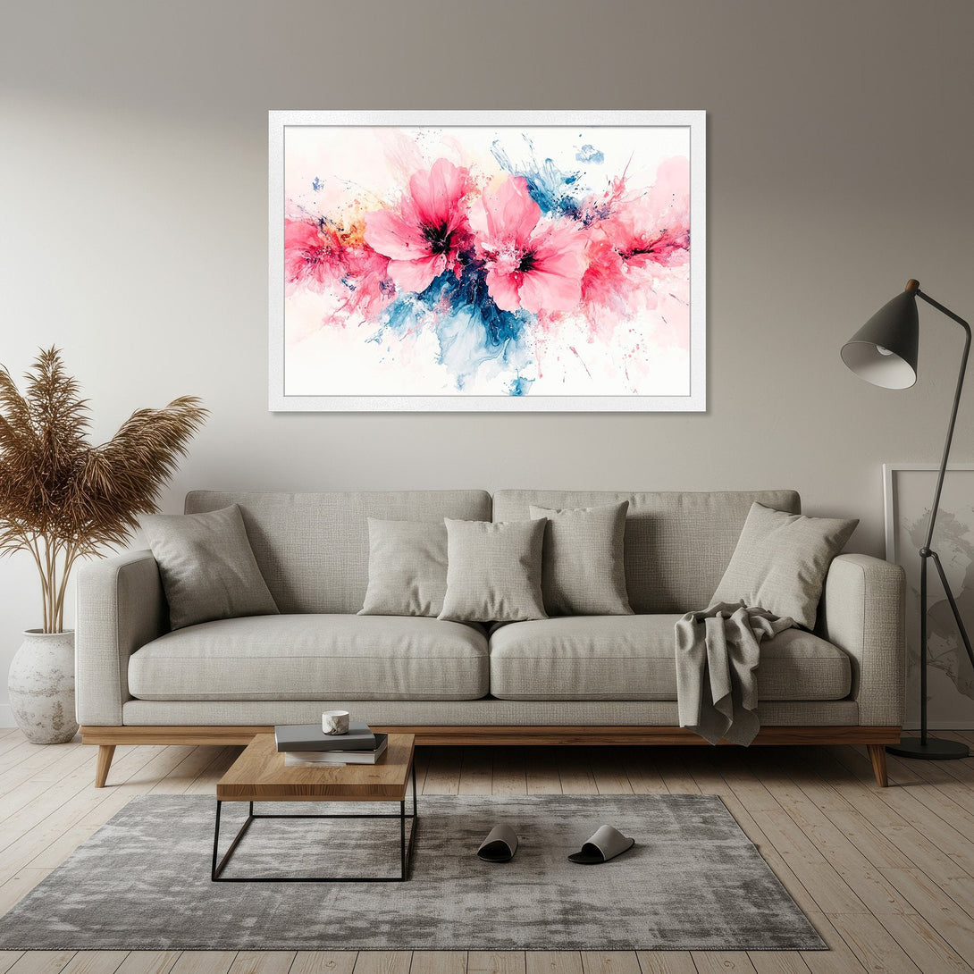 Framed Poster of abstract pink floral art, watercolor style, with blue accents. Perfect for modern home decor.