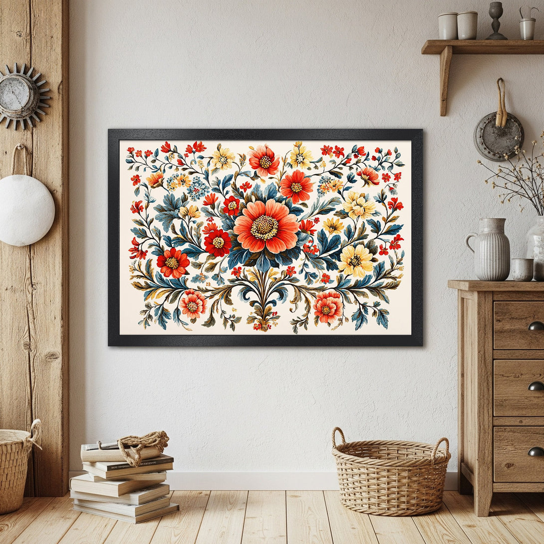 Framed Poster featuring vibrant floral design in a vintage style, with a warm red, yellow, and blue color palette. Perfect wall art!