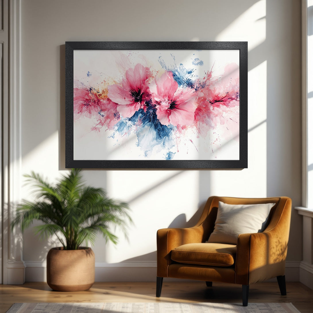Framed Poster featuring abstract floral art in pink & blue watercolor style. Perfect wall decor!