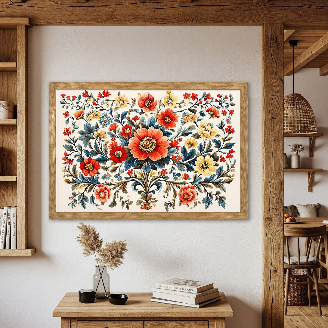 Framed Poster featuring a vibrant floral design in red, yellow, and blue. Perfect wall art for a touch of elegance.
