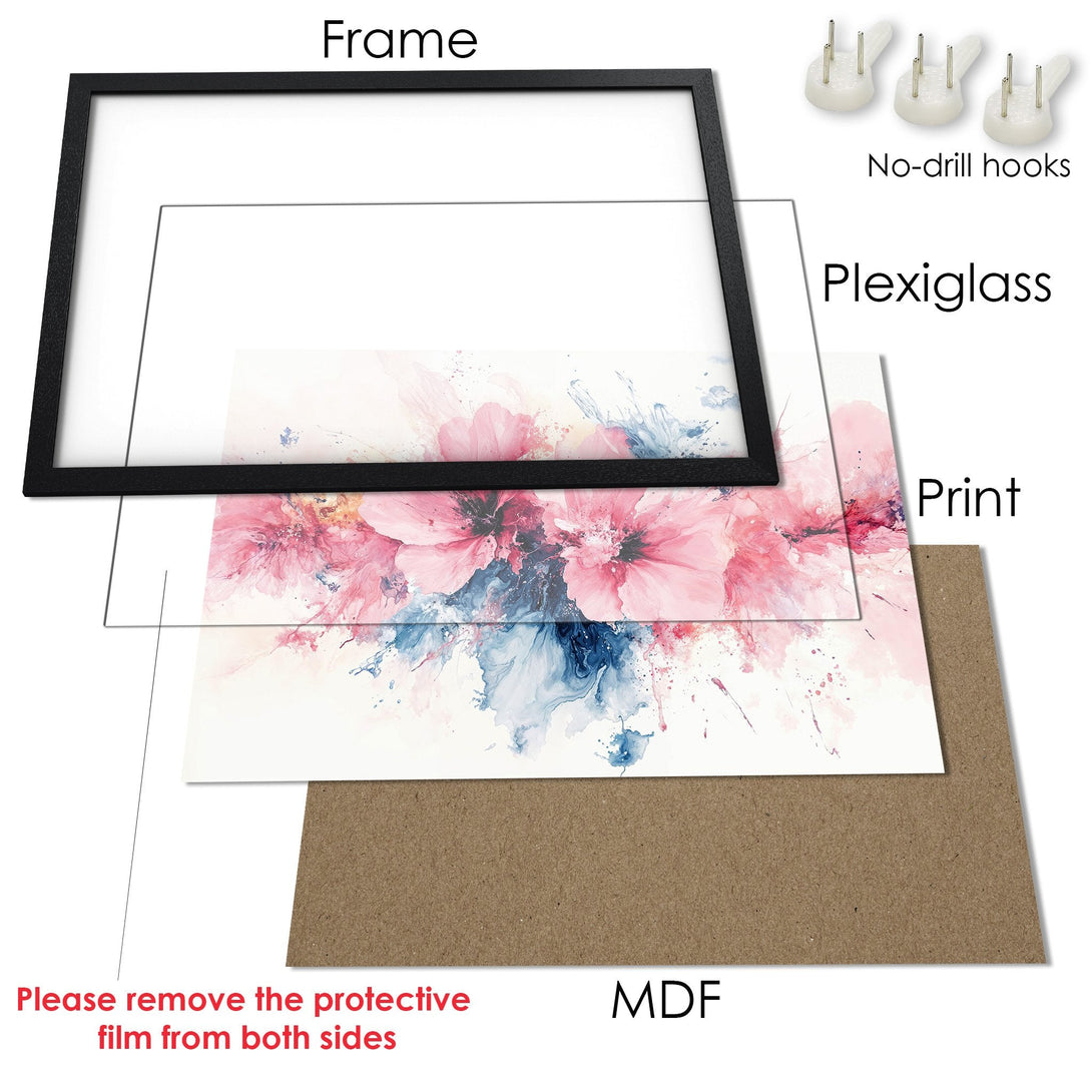 Framed Poster featuring watercolor floral art in pink and blue hues. Elegant wall decor for your home!