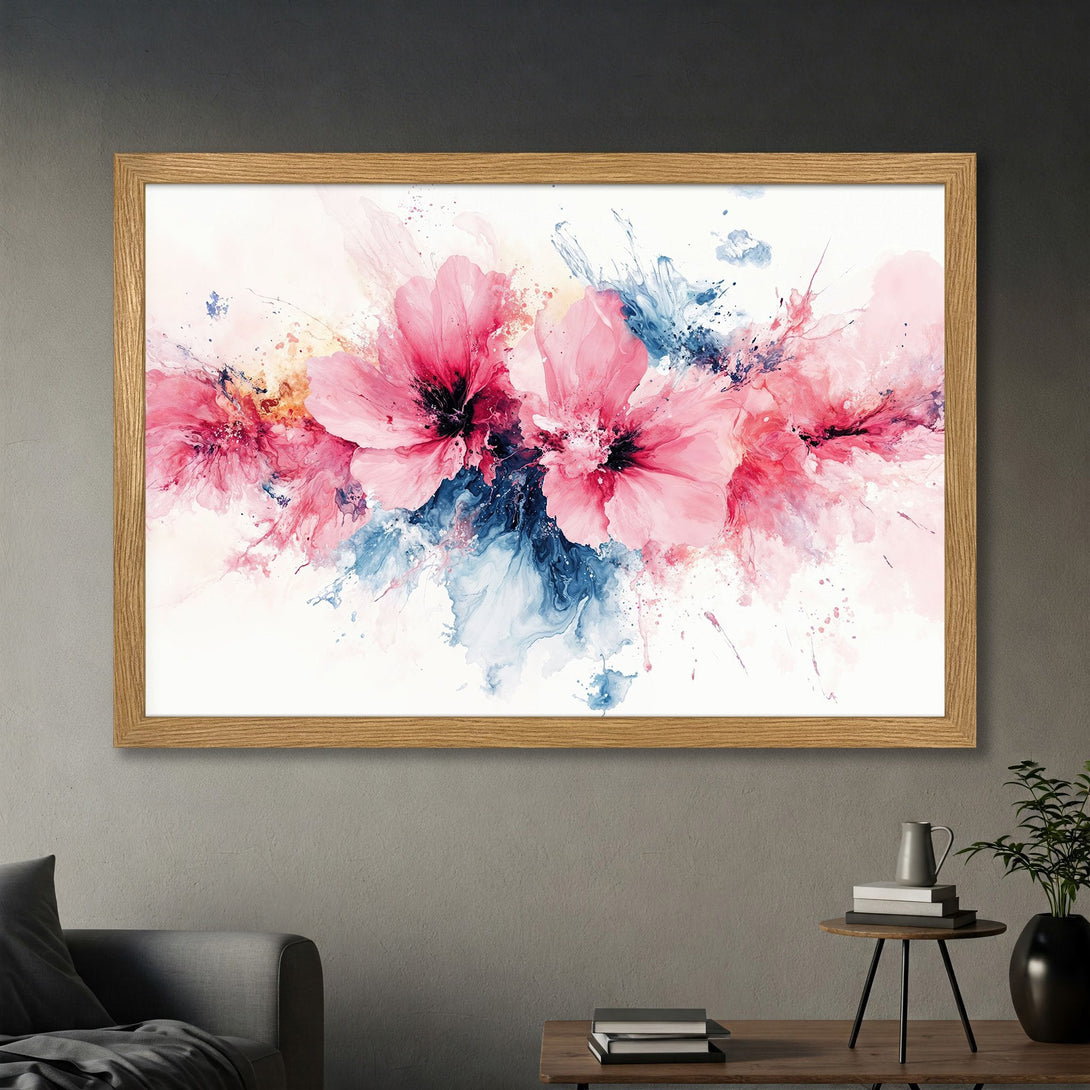 Framed Poster of abstract watercolor flowers in pink and blue hues. Modern art print perfect for any space.