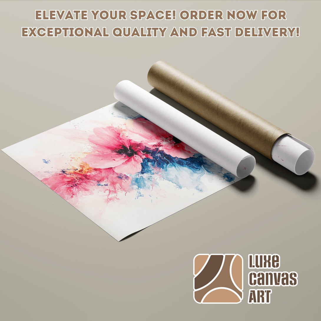 Poster Roll featuring a watercolor floral design in pink and blue hues. Elevate your space with art!