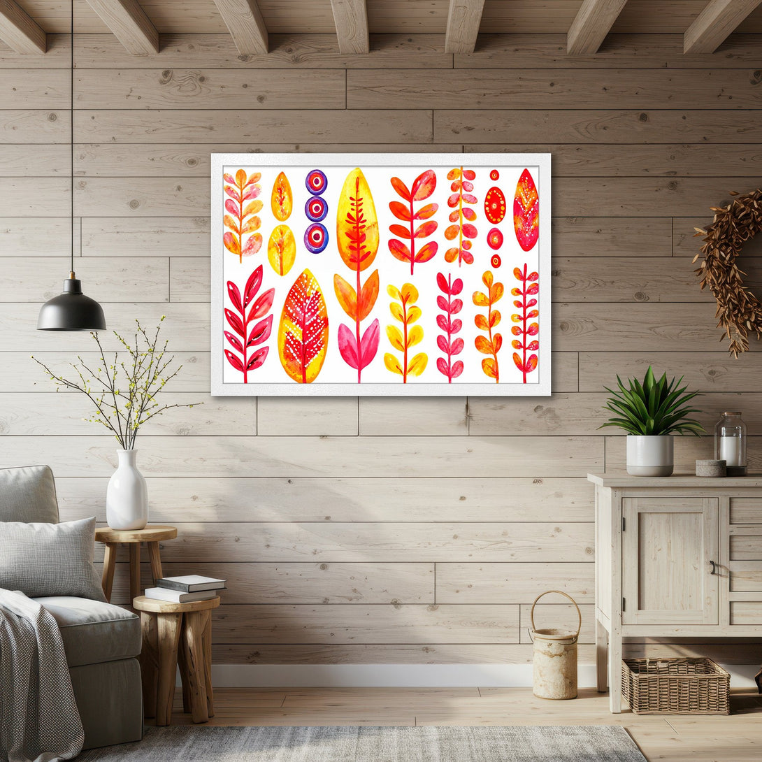 Framed Poster featuring watercolor botanical art in warm red, orange, and yellow hues. Perfect wall decor for a vibrant, stylish home.