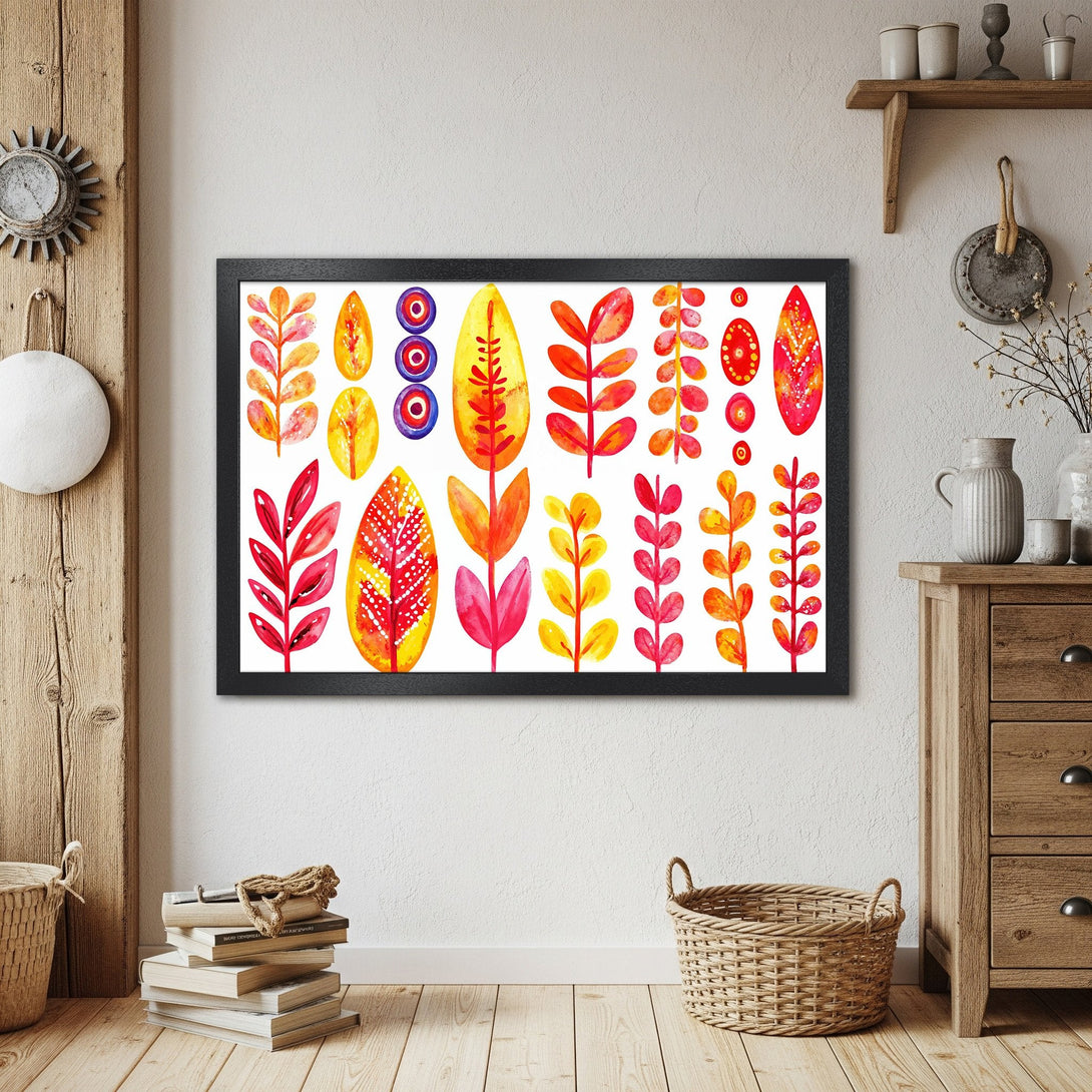 Framed Poster featuring watercolor leaves in vibrant red, yellow, and orange hues. Modern botanical art for home decor.