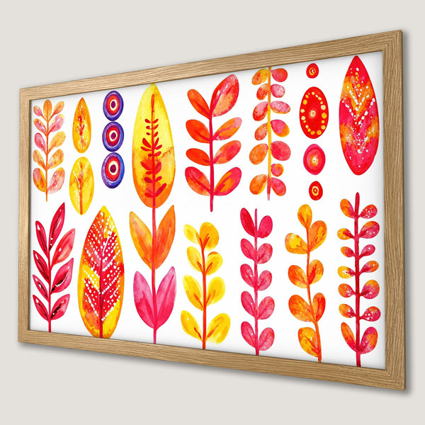 Framed Poster featuring watercolor botanical art in vibrant red, orange, and yellow hues. Perfect for adding a pop of color and style to any space.