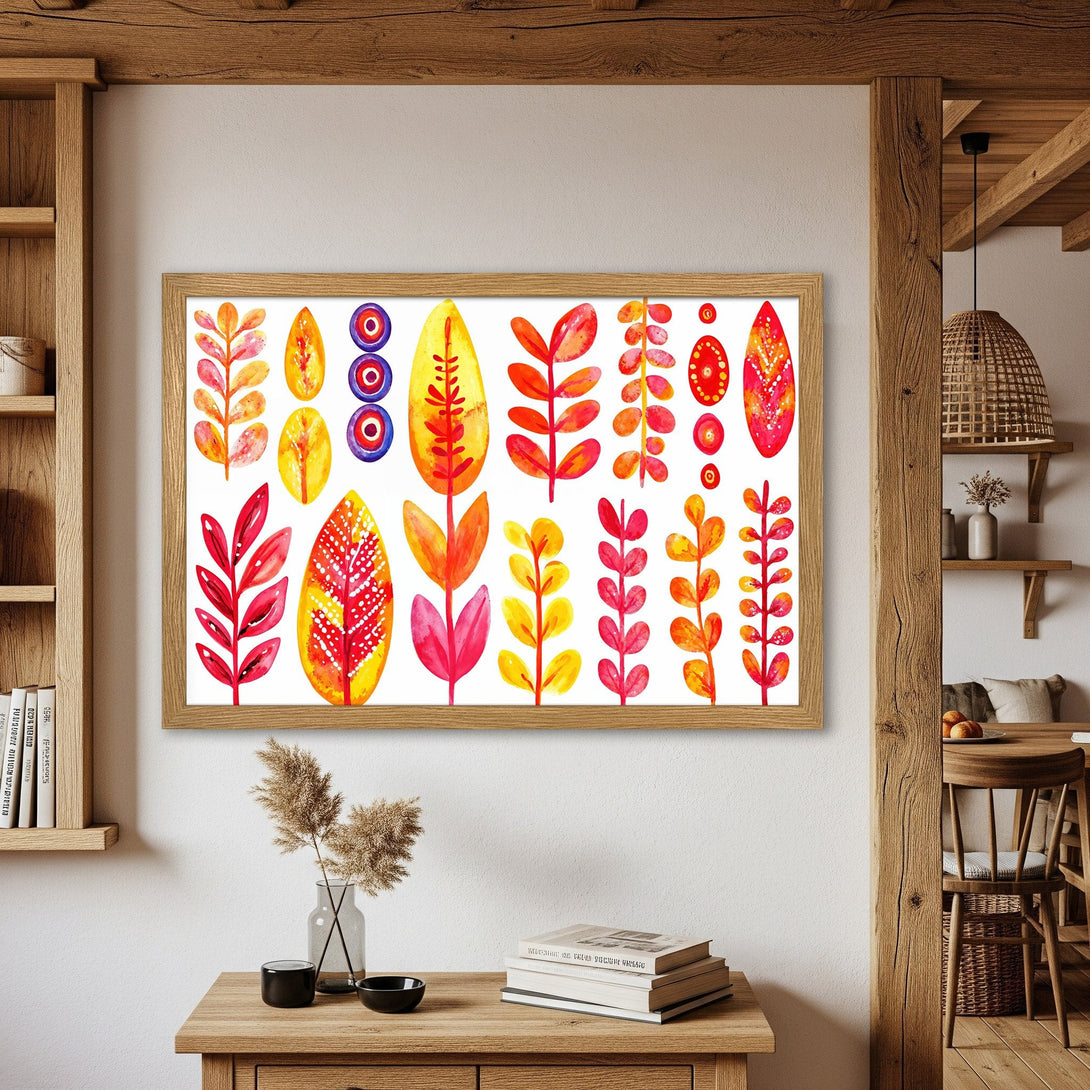 Framed Poster featuring watercolor botanical art. Vibrant red, yellow, and orange color palette. Perfect wall decor for a modern home.