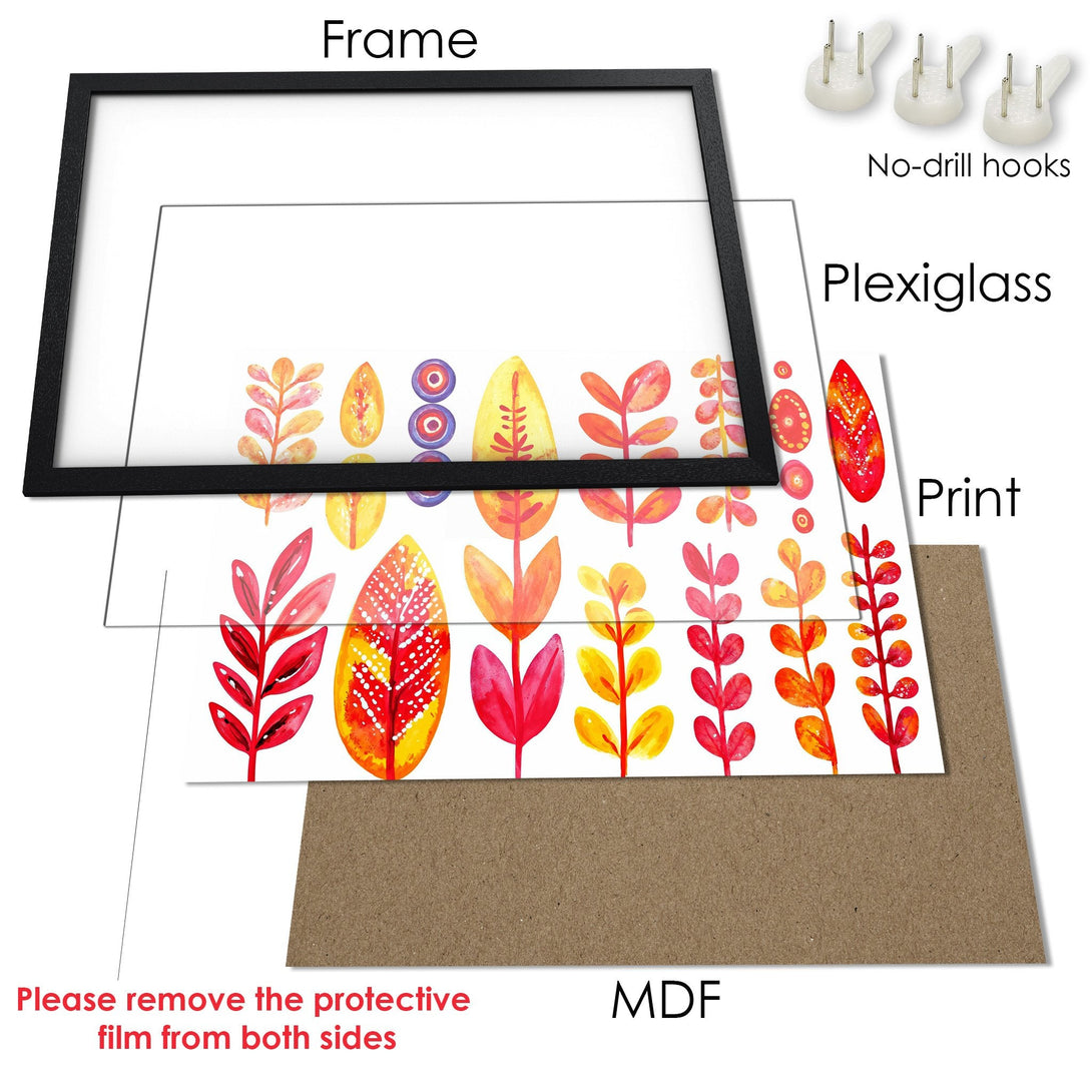 Framed Poster with watercolor floral design. Features a vibrant red, orange, and yellow color palette. Perfect wall art for your home.