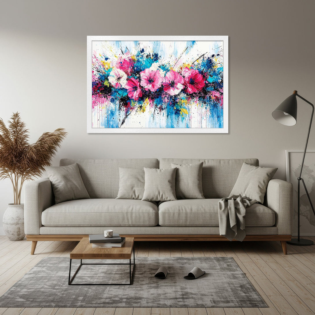 Framed Poster featuring abstract floral art in pink, blue, and yellow. Modern art style with a vibrant color palette. Perfect for home decor.
