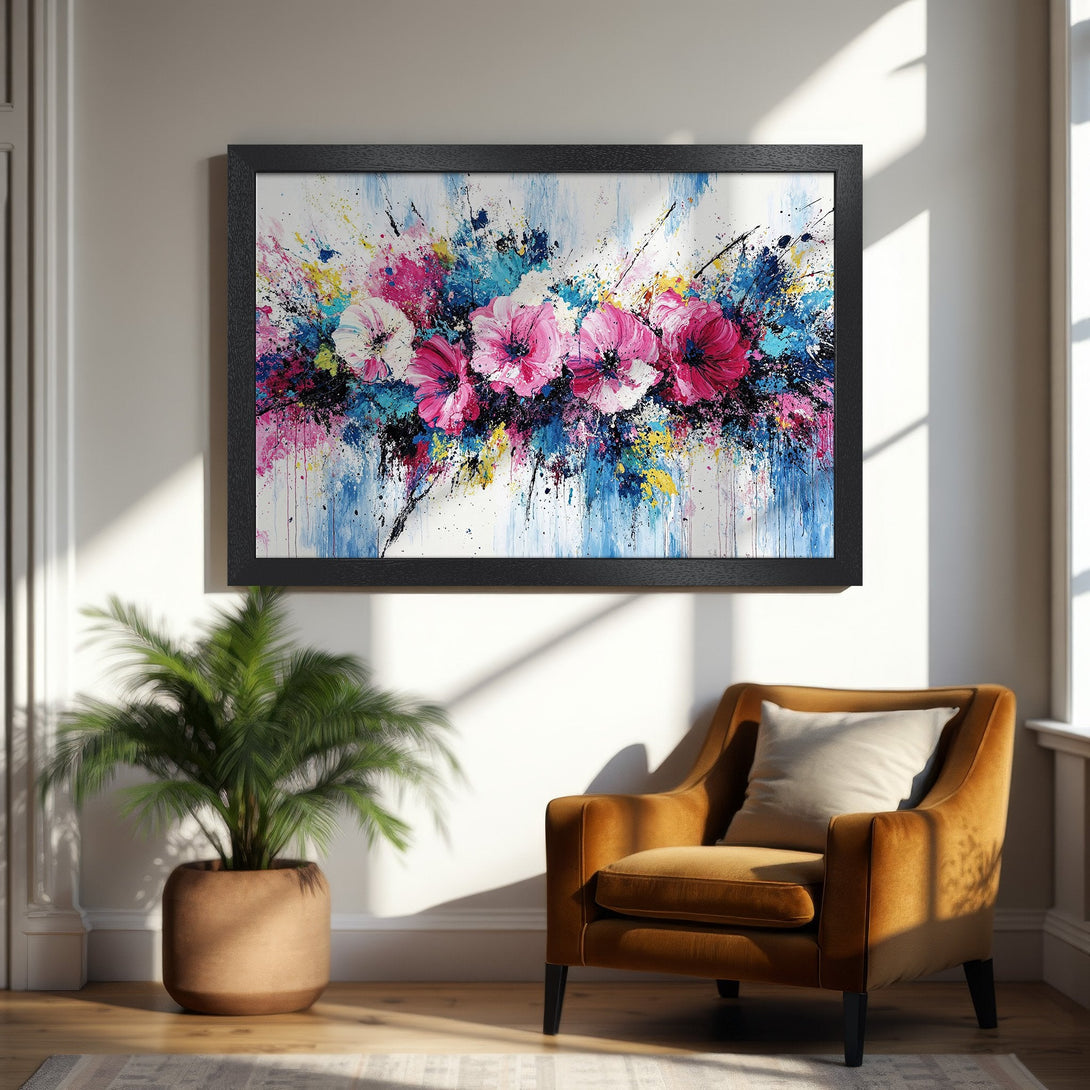 Framed Poster featuring abstract floral art in vibrant pink, blue, and yellow hues. Modern style, perfect for home decor.