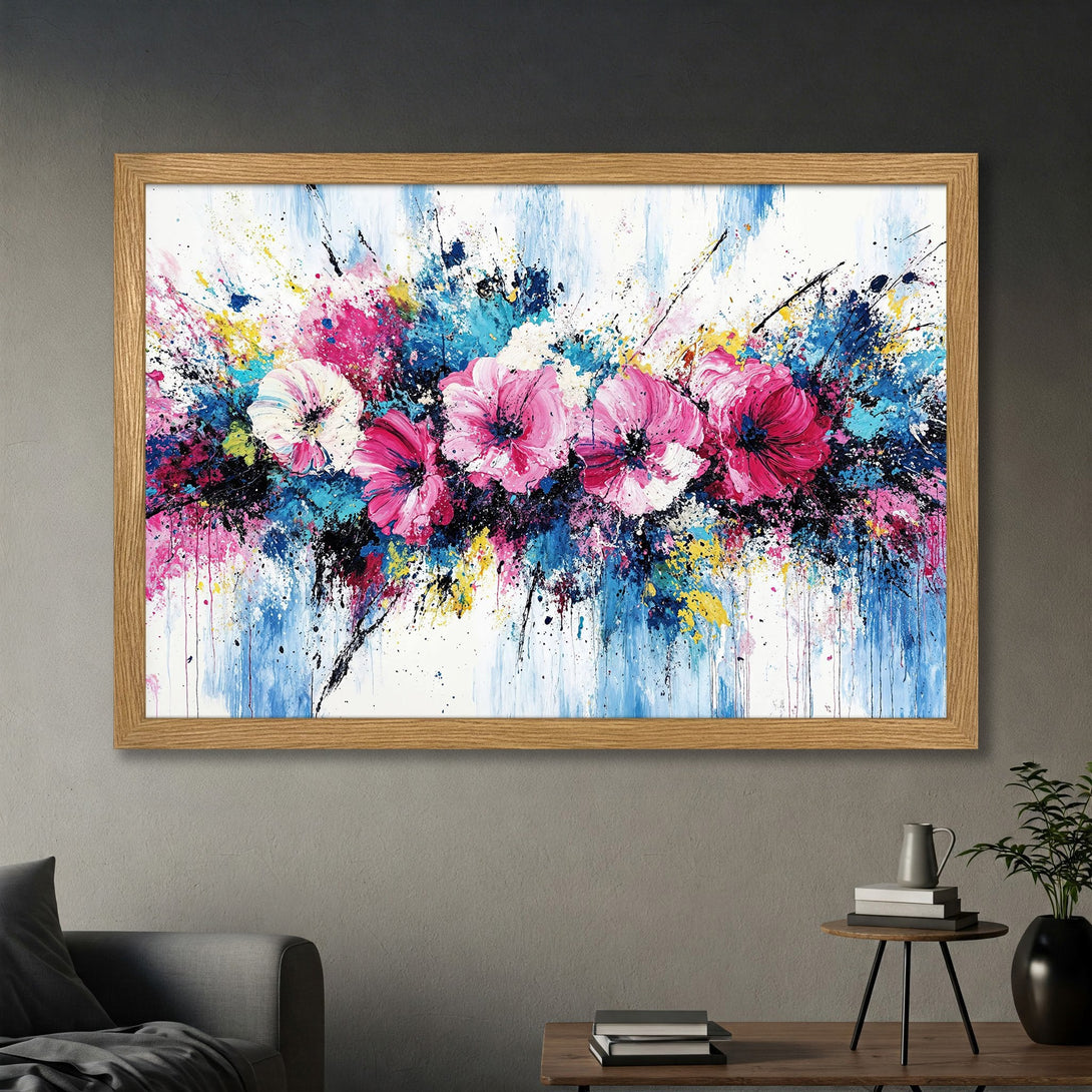 Framed Poster of vibrant floral art in pink, blue, and yellow. Modern abstract style adds a pop of color to any space.