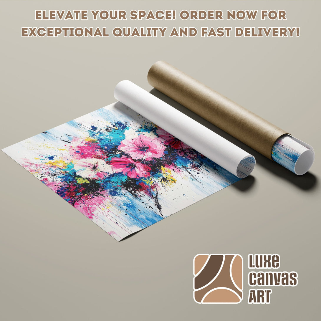 Abstract floral Poster Roll art in pink, blue, and white. Elevate your space!