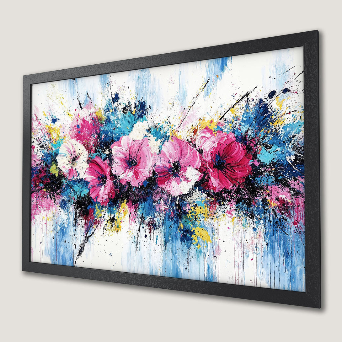 Framed Poster featuring abstract floral art with pink, blue, and yellow paint splashes. Perfect wall decor!