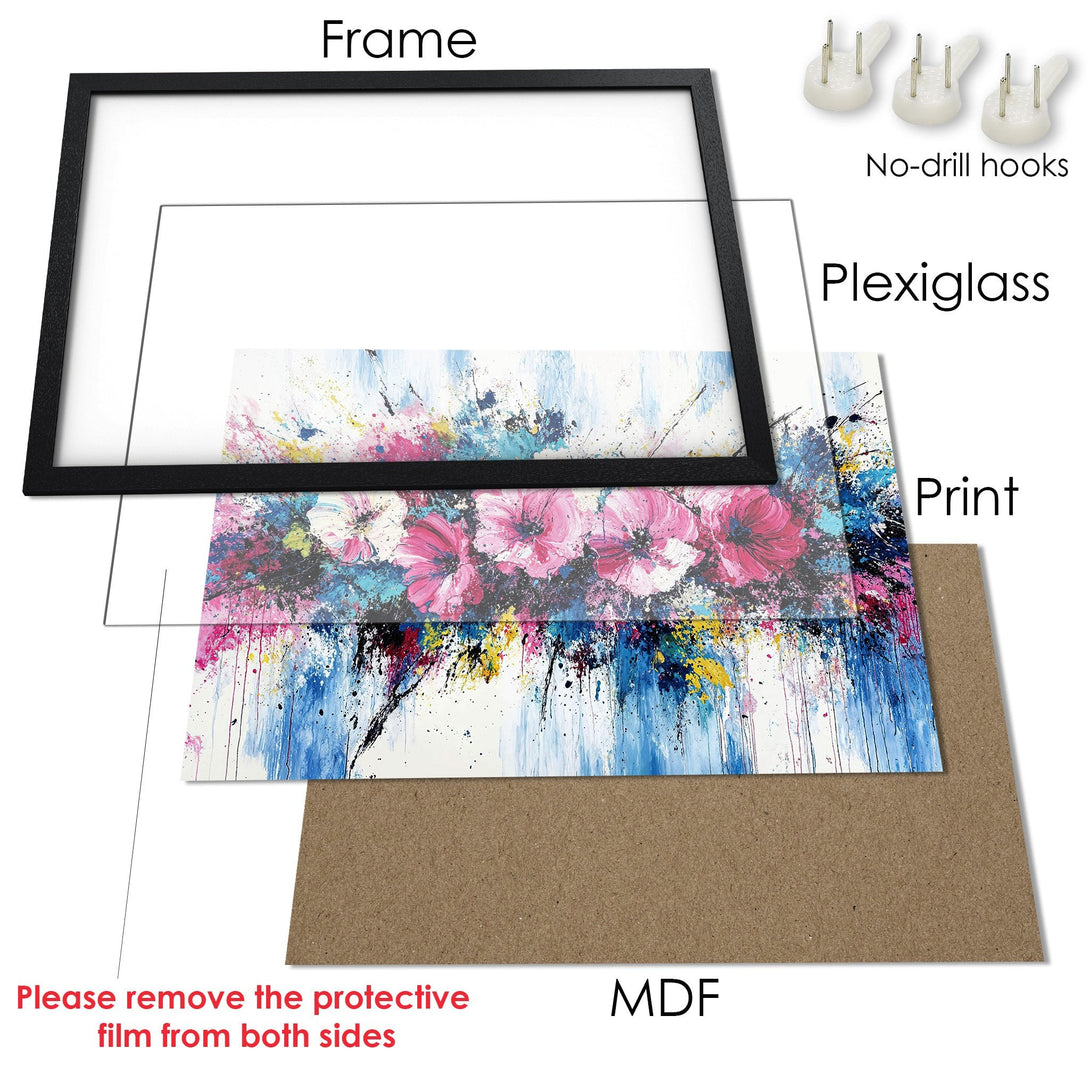 Framed Poster featuring vibrant floral art in a modern, abstract style with a colorful palette. Perfect wall decor!